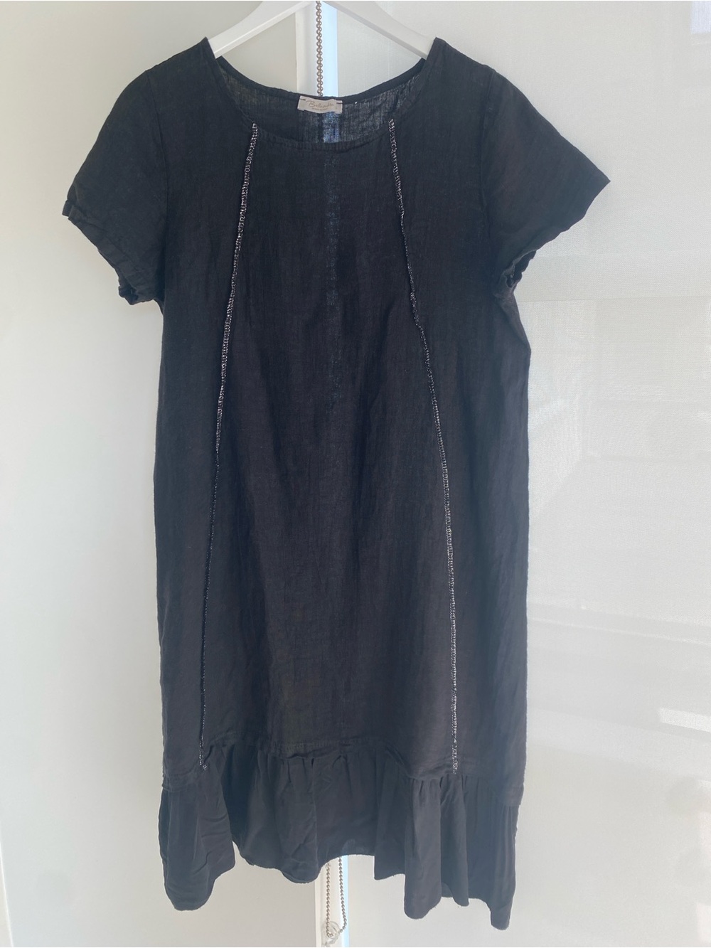 Bellambra Black Linen Dress with Silver details and ruffle hem Size Large